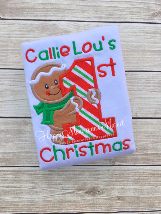 Baby Girls First Christmas number one Gingerbread appliqué cotton tshirt bodysuit monogrammed holiday top outfit pictures with santa