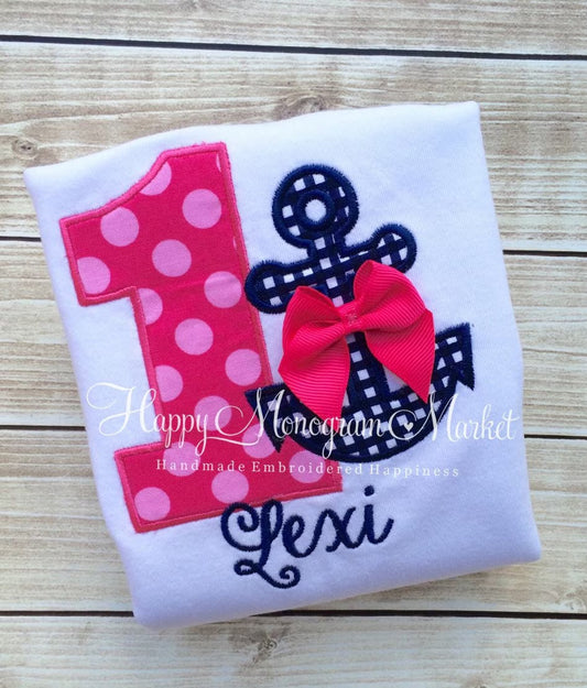 Baby Girl's First Birthday Nautical Anchor and Number One Applique Cotton T-Shirt Bodysuit Hot Pink and Navy Monogrammed Personalized Bow
