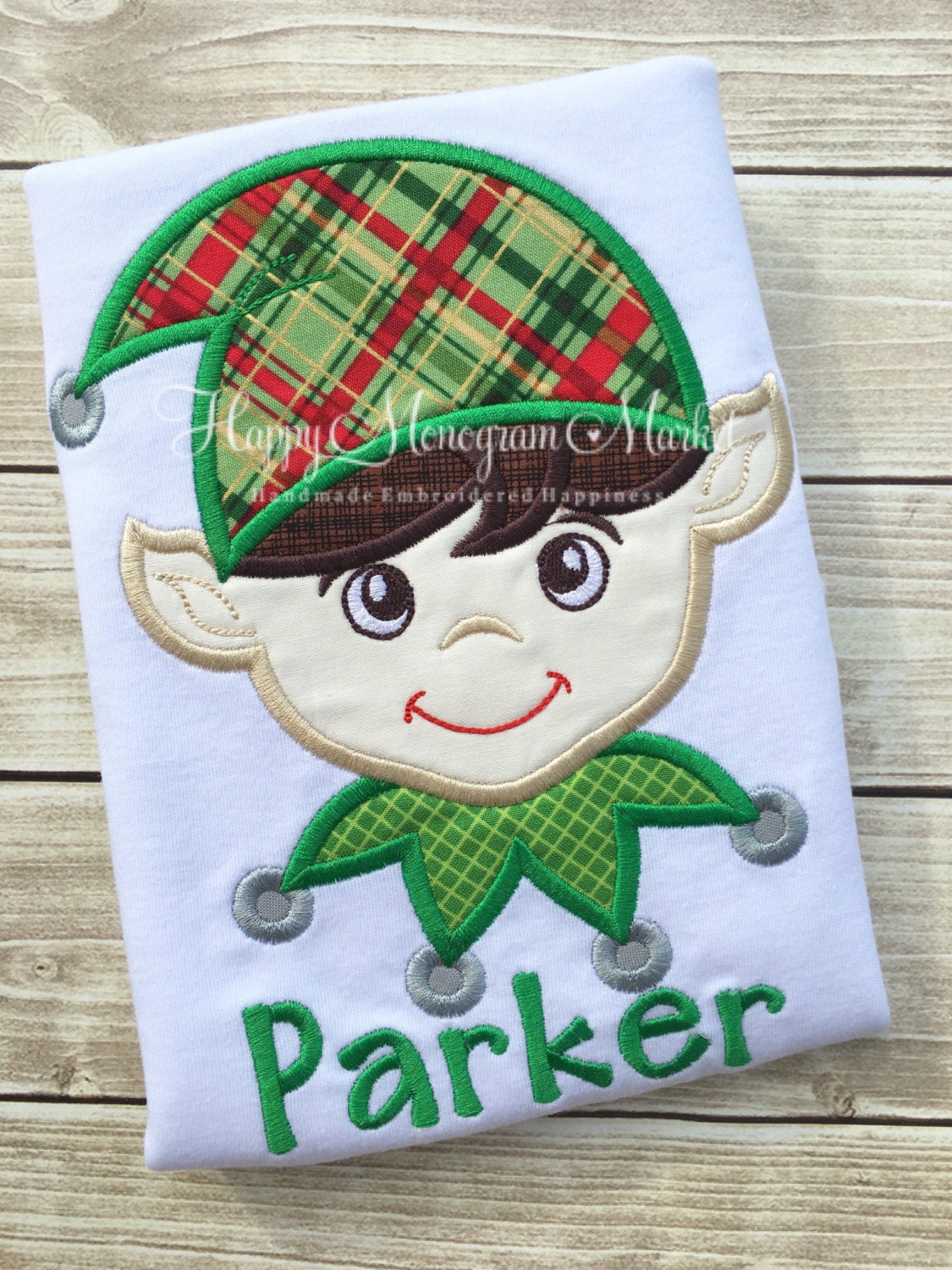 Boy Christmas Elf Appliqué Shirt, Plaid Hat, Holiday Outfit, Kids Christmas Shirt