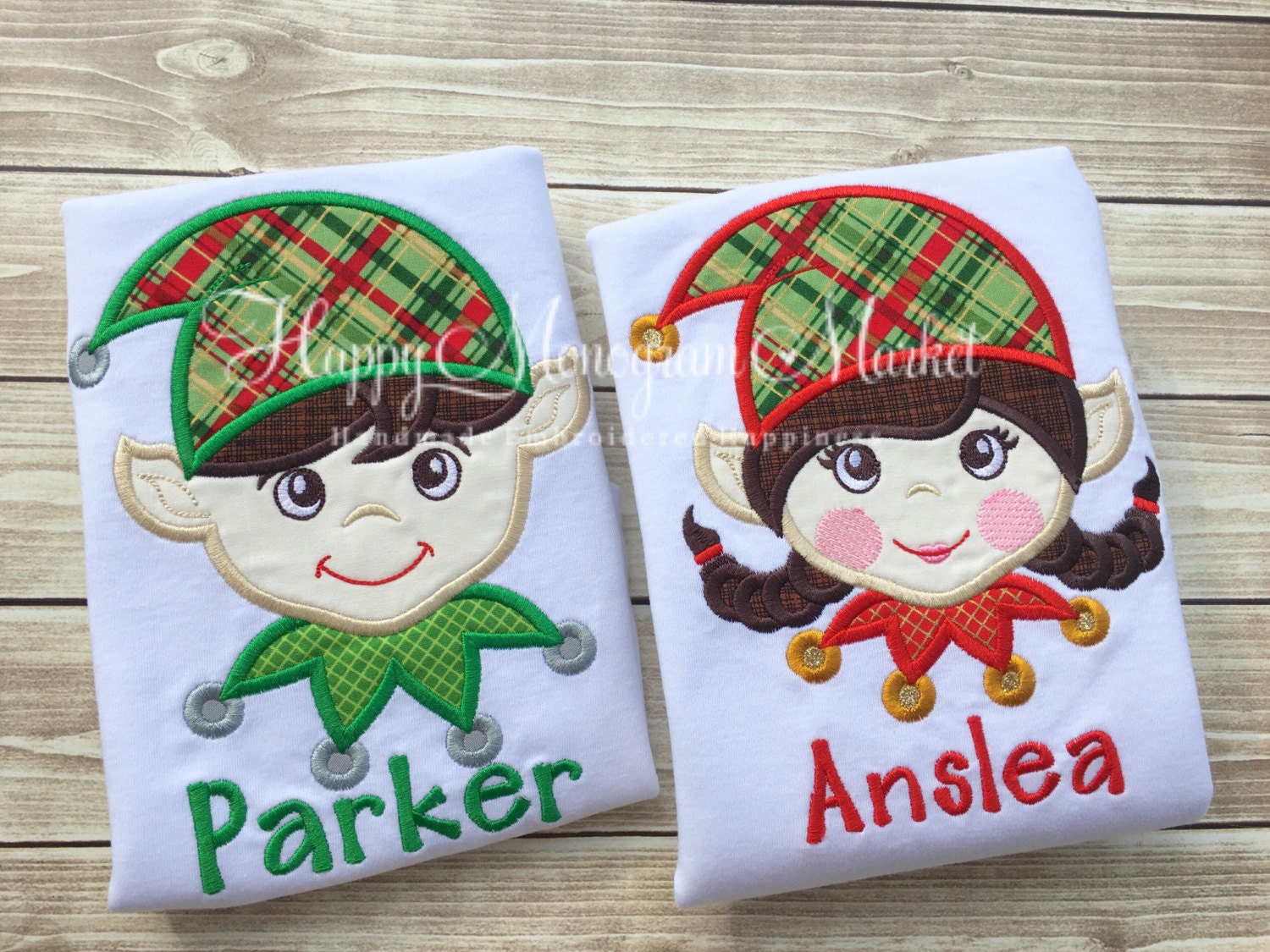 Boy Christmas Elf Appliqué Shirt, Plaid Hat, Holiday Outfit, Kids Christmas Shirt