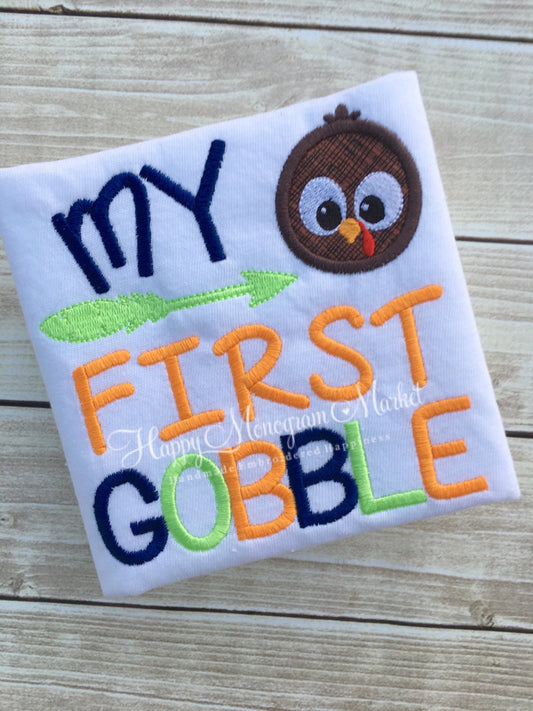Baby boys First Thanksgiving my first gobble turkey appliqué tshirt bodysuit