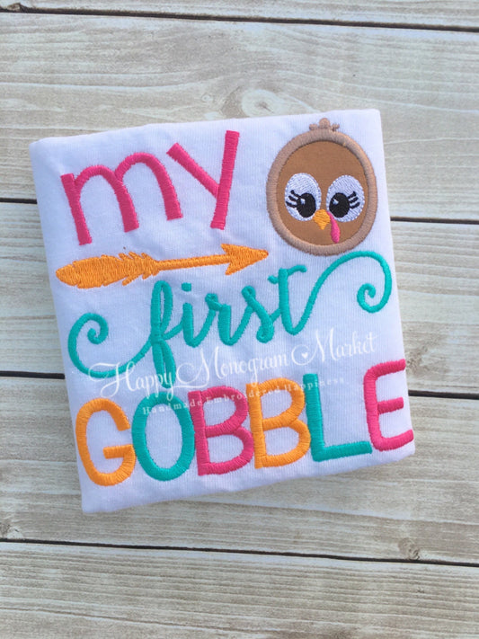 My First Gobble Thanksgiving Turkey Girl Cotton T Shirt Bodysuit
