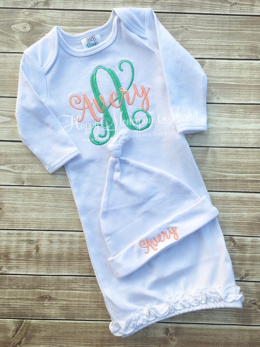 Baby Girl Cotton White Ruffle Infant Gown and White Knot Embroidery Monogram