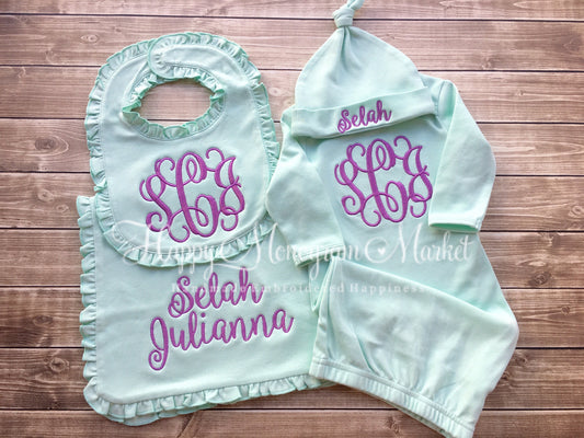 Baby girl mint purple ruffle coming home outfit hospital gown knot hat ruffle bib ruffle burp cloth monogrammed personalized shower gift set