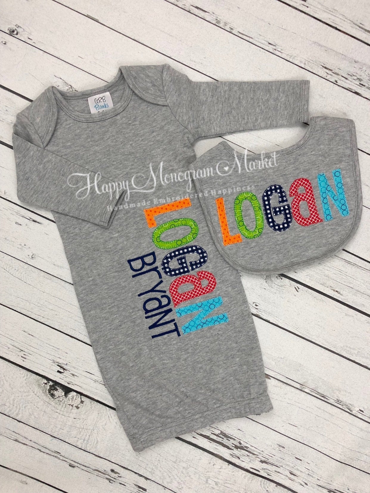 Baby Boy Gender Neutral Cotton Infant Gown and Bib Personalized Embroidery Name