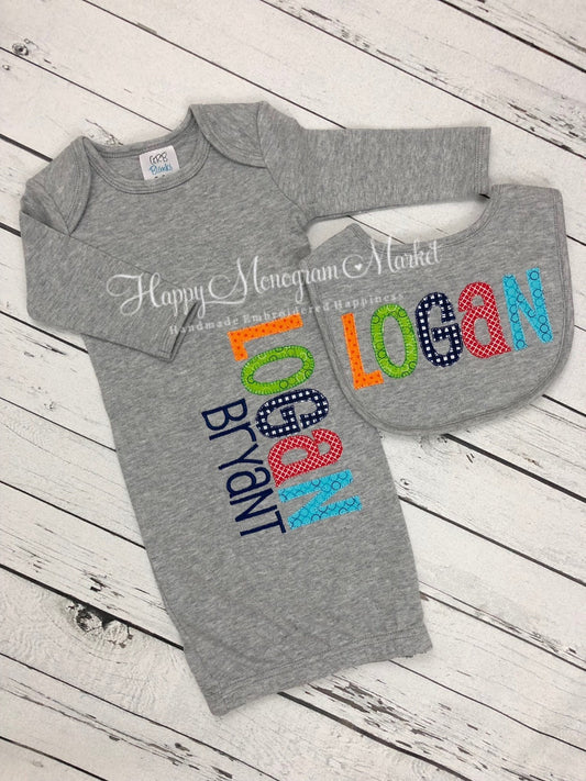 Baby Boy Gender Neutral Cotton Infant Gown and Bib Personalized Embroidery Name
