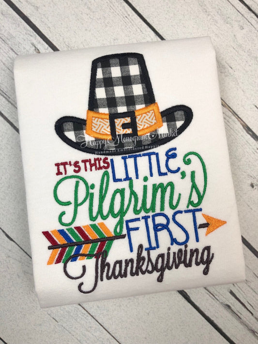 Little Pilgrim's baby's first thanksgiving hat applique t-shirt bodysuit