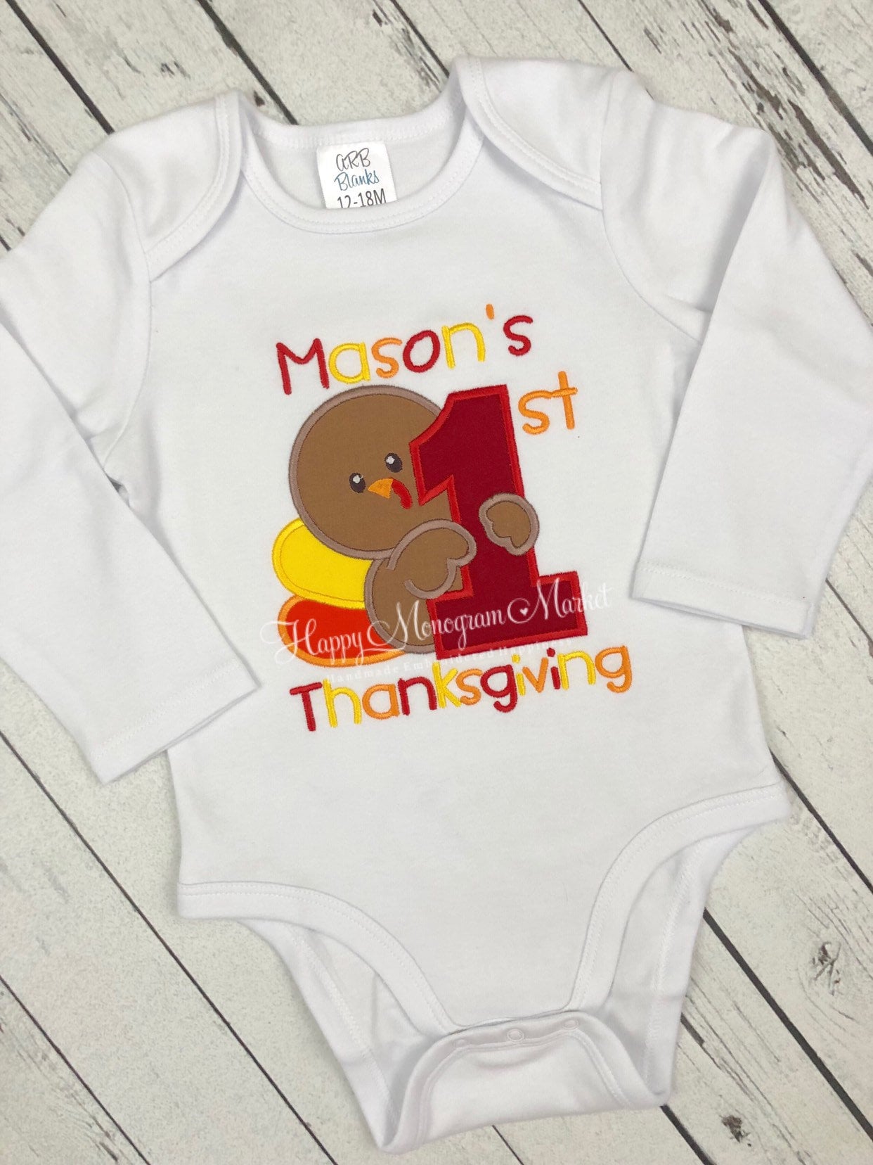 Baby's First Thanksgiving Turkey Appliqué Cotton Bodysuit or T Shirt