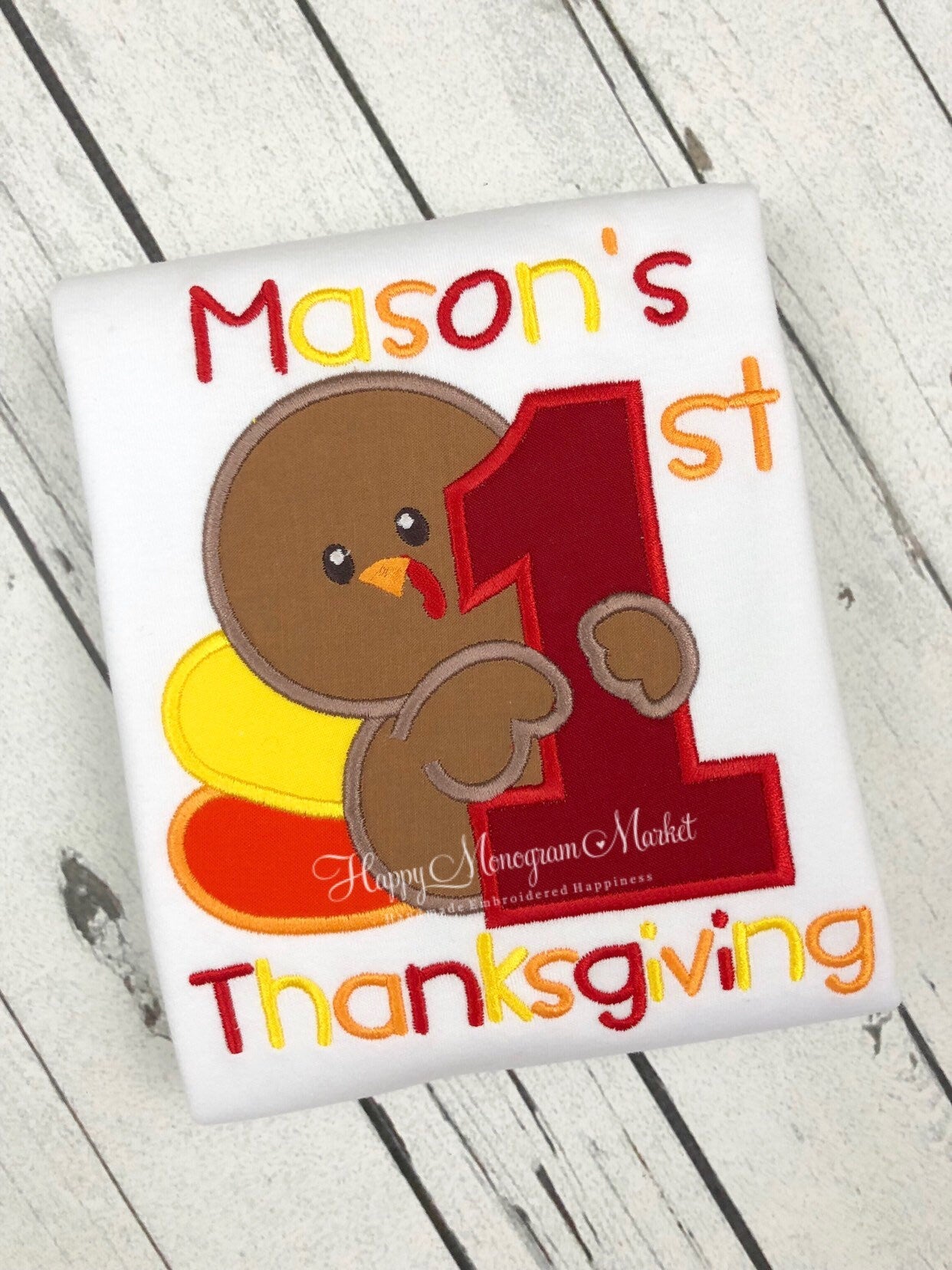 Baby's First Thanksgiving Turkey Appliqué Cotton Bodysuit or T Shirt