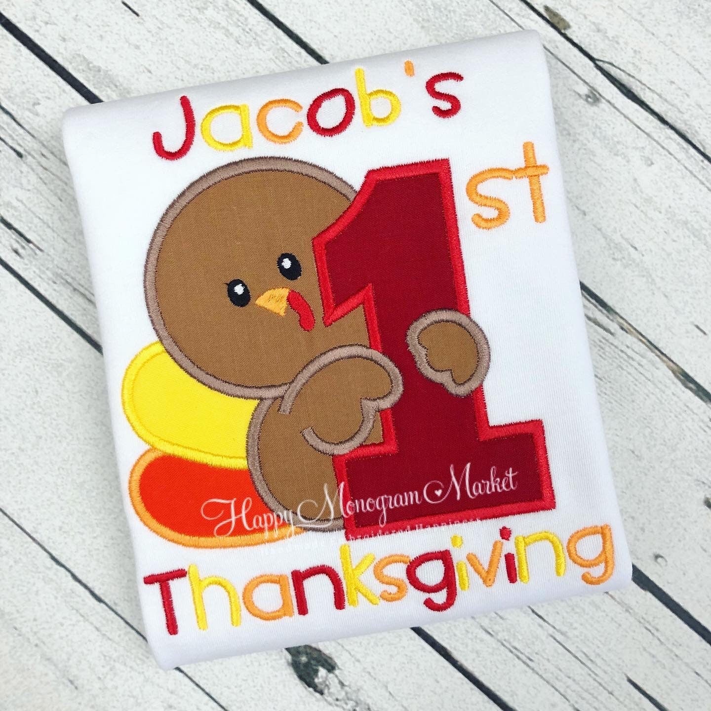 Baby's First Thanksgiving Turkey Appliqué Cotton Bodysuit or T Shirt