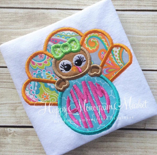 Girls Monogrammed Turkey Circle Appliqué T-Shirt Bodysuit Thanksgiving Fall