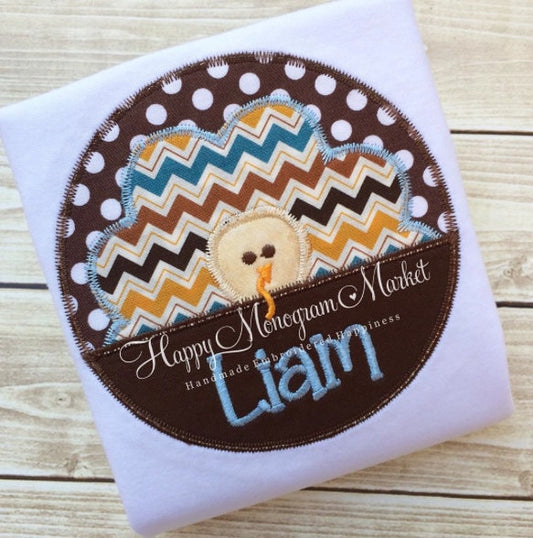 Peeking Thanksgiving Boy Turkey Applique Monogram Shirt T-Shirt Bodysuit Fall Chevron Personalized Matching Girl Scalloped Turkey Design